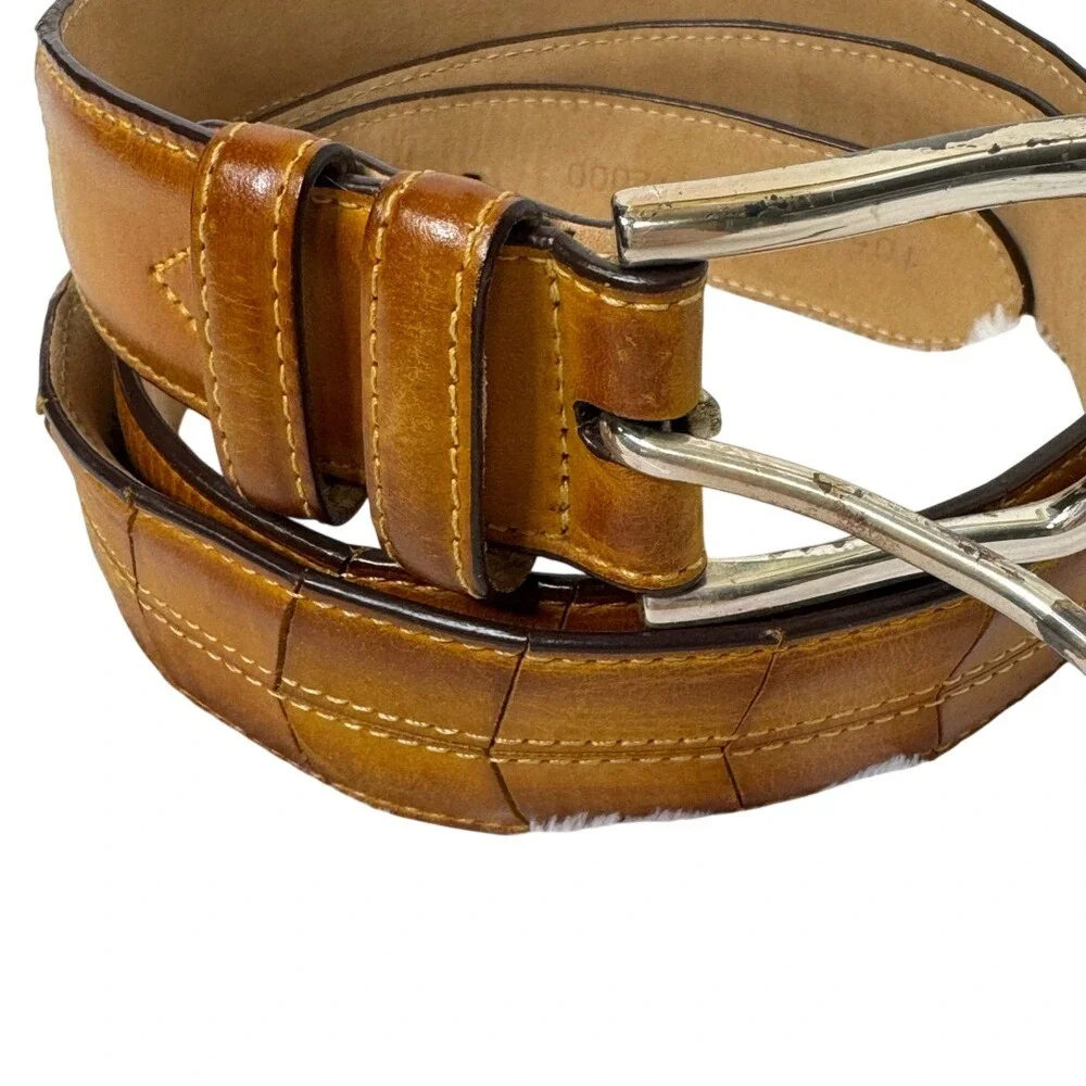 Bullock &‎ Jones Mens Tan Leather Belt Silver Buckle Sz 40 Contrast Stitching
